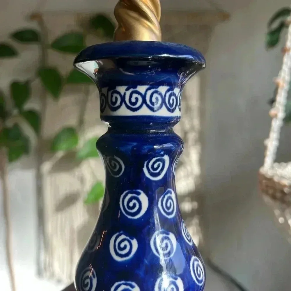 5” Polish Pottery Candlestick Holder - Handcrafted Blue Spiral Design